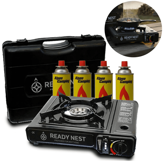Draagbaar ReadyNest Nood Gasstel Campingkooktoestel met 4x Butaangas – Ideaal voor Noodpakket, Prepping en Buitenavonturen - VCTparts.nl