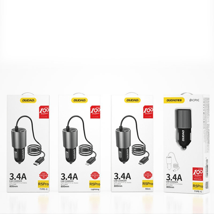 Dudao Autolader Oplader USB - C & USB - A Snellader - 3.4A (1m) Grijs [Triple Fast Car Charger] - VCTparts.nl