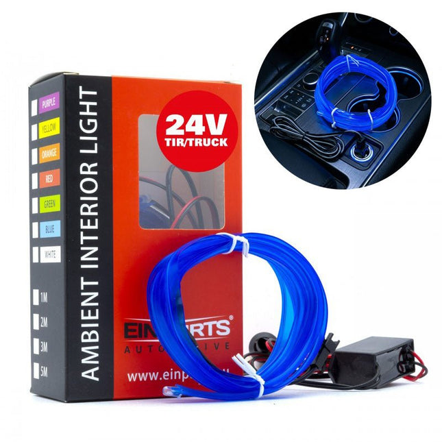 Einparts LED Ambient Interieurverlichting 2m Blauw - Universele 24V Truck Sfeerverlichting 360 Graden Dunne 2mm Strip Compleet Pakket - VCTparts.nl