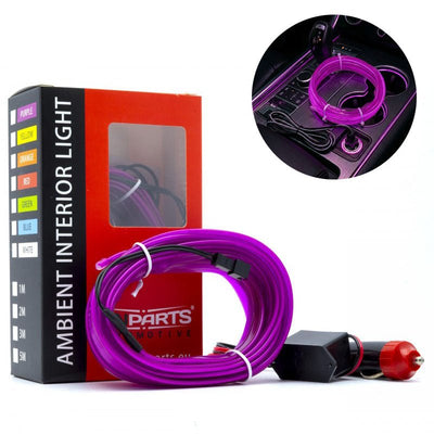 Einparts LED Ambient Interieurverlichting 5m Paars - Universele 12V Auto Sfeerverlichting 360 Graden Dunne 2mm Strip Compleet Pakket