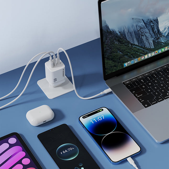 WOZINSKY 65W GaN Snellader – USB C PD Fast Charge – 2x USB C + USB A – Compacte Wandlader voor Telefoon Laptop Tablet – Wit