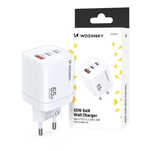WOZINSKY 65W GaN Snellader – USB C PD Fast Charge – 2x USB C + USB A – Compacte Wandlader voor Telefoon Laptop Tablet – Wit