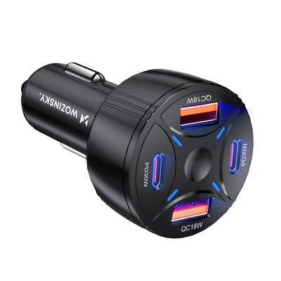 Wozinsky WLS-04 60W Autolader 2x USB-C En 2x USB-A - Snelladen 4-Poorts Onderweg