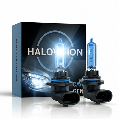 HaloVision Phares Halogènes HB3 9005 – 12V 3000Lm 5500K Blanc Froid – Verre Bleu Super White Feux de Croisement Feux de Route Lampes Halogènes Kit de 2 Ampoules de Voiture