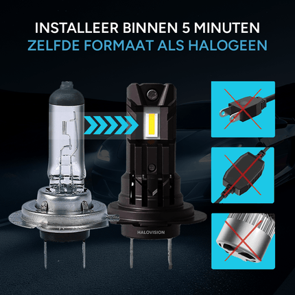HaloVision Turbo LED Groot Licht + Koplampen H7 + H1 – 150W 30000Lm 6000K Helder Wit – Canbus Plug en Play Dimlicht + Grootlicht LED Set van 4 Autolampen - VCTparts.nl