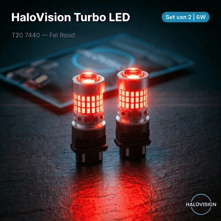 HaloVision HaloVision Turbo LED T20 7440 Fel Rood 6W – Canbus Plug en Play Remlicht en Achterlicht LED Set van 2 Autolampen HaloVision 2