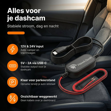 HawkDash HawkDash Dashcam Hardwire Kit USB-C – Continue Parkeervoeding 12V/24V naar 5V 2A voor Aansluiting op de Zekeringkast NORGOS 8