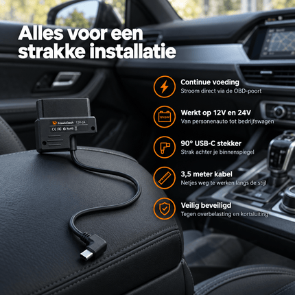 HawkDash HawkDash Dashcam OBD Voeding USB-C – Continue Parkeervoeding via OBD2 Poort 12V/24V naar 5V 3A [3,5M Haakse Kabel] NORGOS 8