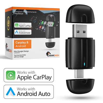 HawkDash Mini 2-in-1 Car Dongle - CarPlay Dongle - Android Auto Dongle - Draadloos CarPlay & Android Auto - Zwart