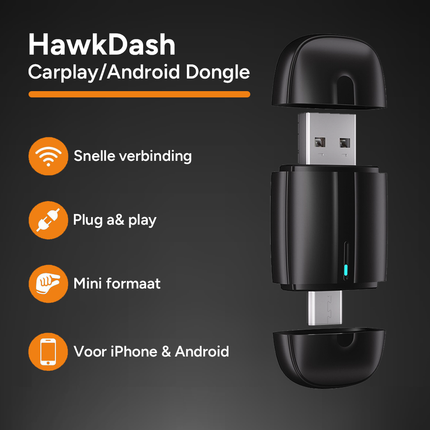 HawkDash Mini 2-in-1 Car Dongle - CarPlay Dongle - Android Auto Dongle - Draadloos CarPlay & Android Auto - Zwart - VCTparts.nl