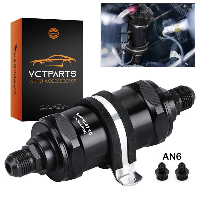 VCTparts Inline Brandstoffilter AN6 Zwart 100 micron RVS Element - Geschikt voor Benzine Diesel en Ethanol VCTparts 1
