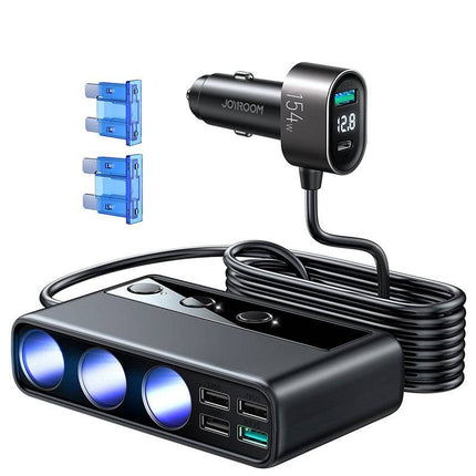 Joyroom Autolader met Sigarettenaansteker Splitter Snellader 154W Zwart [3 x 12V 4 x USB - A USB - C QC3.0 USB - A] - VCTparts.nl