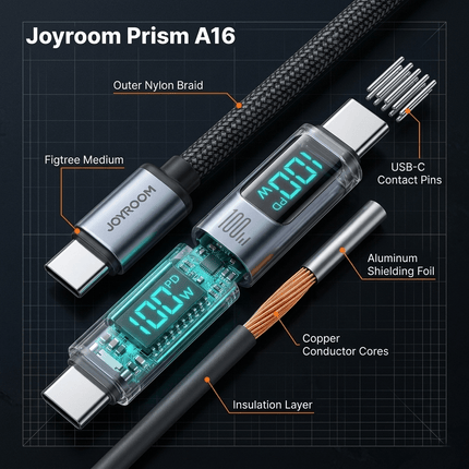 Joyroom Joyroom Prism Series A16 USB - C naar USB - C Kabel 100W - met LED Display voor Snelladen en Dataoverdracht Zwart 1,2m Oplaadsnoer Hurtel 4