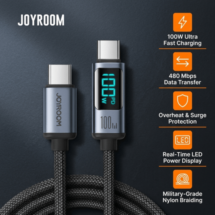 Joyroom Joyroom Prism Series A16 USB - C naar USB - C Kabel 100W - met LED Display voor Snelladen en Dataoverdracht Zwart 1,2m Oplaadsnoer Hurtel 6