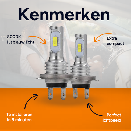 Dimlicht LED H7 8000K IJsblauwe Koplampen (set) – Autolamp Xenonlook Helder Wit/Blauw Licht voor Verbeterd Zicht en Stijl - VCTparts.nl