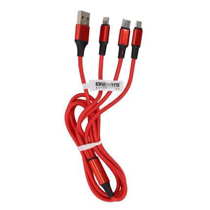 MoBile MoBile 3 - in - 1 USB Kabel USB - A, USB - C, Lightning 1.2m – Nylon Gevlochten Snellader Oplaadsnoer Kabel Rood Einparts 3