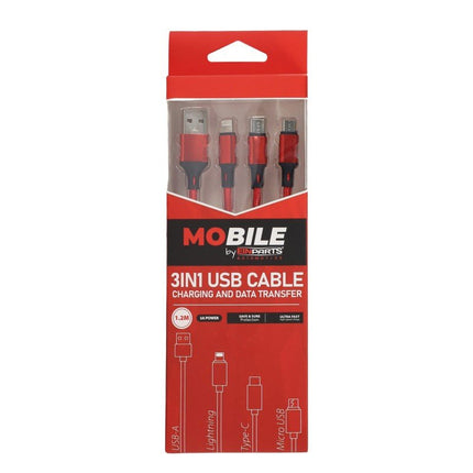 MoBile MoBile 3 - in - 1 USB Kabel USB - A, USB - C, Lightning 1.2m – Nylon Gevlochten Snellader Oplaadsnoer Kabel Rood Einparts 5