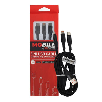 MoBile 3-in-1 USB Kabel USB-A, USB-C, Lightning 1.2m – Nylon Gevlochten Snellader Oplaadsnoer Kabel Zwart