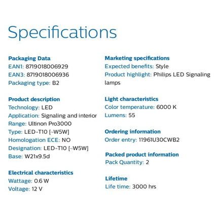 Philips Philips Ultinon T10 LED 6000K Wit Verlichting 12V W5W (set) [Stadsverlichting - Parkeerverlichting - Kentekenverlichting - Interieurverlichting] NORGOS 4