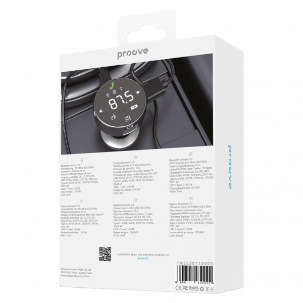 Proove Proove FM Transmitter Sound Sync 30W (PD+QC3.0) TypeC+USB Grijs – Muziekstreaming en Snelladen in één Compacte Oplossing Proove 2