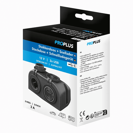 ProPlus Opbouw Kit 12V Stekkerdoos met 2x USB C Snellader 2 Weg 3A voor Auto - VCTparts.nl