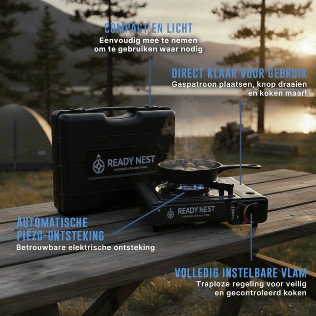 ReadyNest Draagbaar Nood Gasstel Campingkooktoestel Fornuis – Ideaal voor Noodpakket, Prepping en Buitenavonturen - VCTparts.nl
