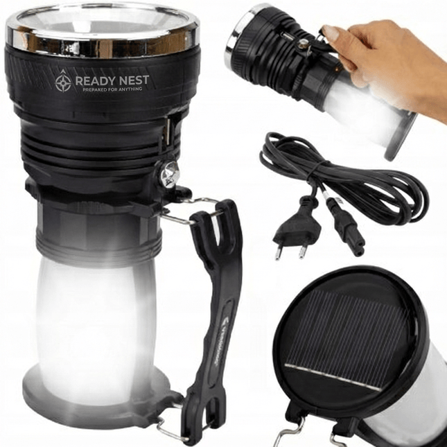 ReadyNest Solar LED Handlamp Zaklamp Lantaarn met 4 Functies – Oplaadbare Ronde Noodlamp Zonnepaneel of Stekker - VCTparts.nl