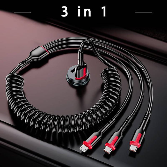 Rekbare 3 - in - 1 Super Snellader 1m Krulsnoer Veer 66W 5A [USB - C iPhone Micro USB Oplaadkabel] - VCTparts.nl