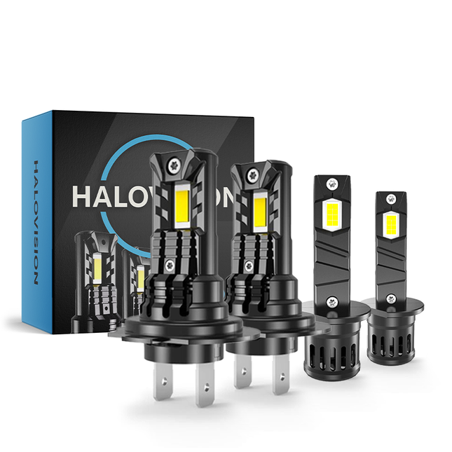 HaloVision Turbo LED Groot Licht + Koplampen H7 + H1 – 150W 30000Lm 6000K Helder Wit – Canbus Plug en Play Dimlicht + Grootlicht LED Set van 4 Autolampen