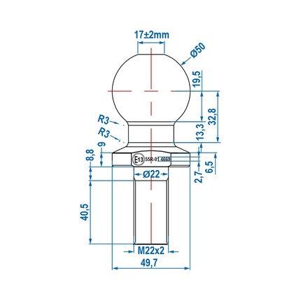 Trekhaakkogel Recht M22 x 50mm E - gekeurd D981/S200 Schroefkogel Trekhaak Kogelstang - VCTparts.nl