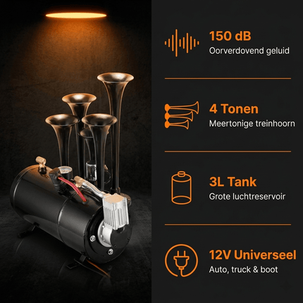 VCTparts 4 Trompet Treinhoorn 150dB met 3L Compressor - Meertonige Luchthoorn Set voor Auto Truck Boot 12V NORGOS 4