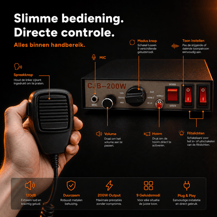 VCTparts CJB - 200W 120dB Auto Sirene Set – Professionele Politie Sirene Speaker met Microfoon en 9 Tonen 200W 12V 24V Heavy Duty NORGOS 3