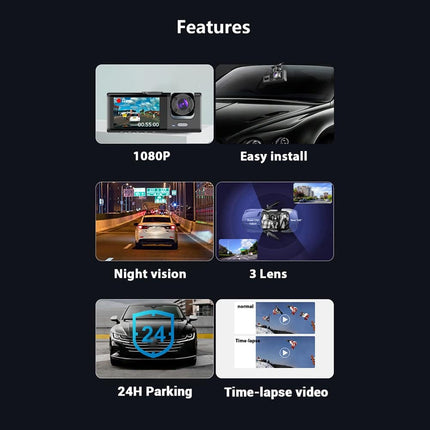 Dashcam HD 1080P 3CH Auto Recorder met Binnenzijde Camera Zwart - VCTparts.nl