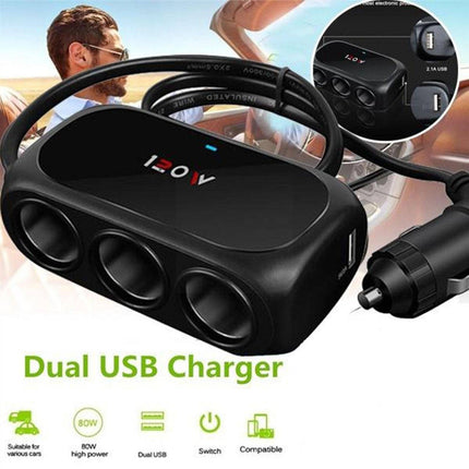 Universele Sigarettenaansteker Splitter (3x) met Usb 12V/24V Zwart - VCTparts.nl