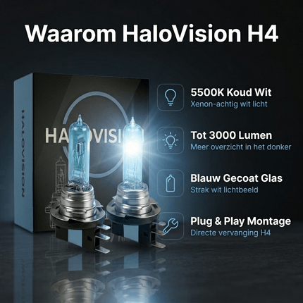 VCTparts HaloVision Halogeen Koplampen H15 – 12V 3000Lm 5500K Koud Wit – Blauw Glas Super White Dimlicht Grootlicht Halogeenlampen Set van 2 Autolampen HaloVision 5