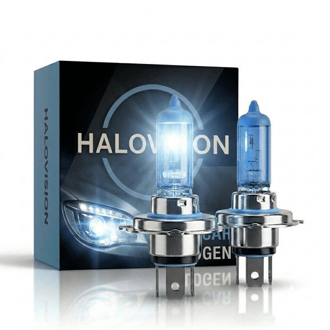 VCTparts HaloVision Halogeen Koplampen H4 – 12V 3000Lm 5500K Koud Wit – Blauw Glas Super White Dimlicht Grootlicht Halogeenlampen Set van 2 Autolampen HaloVision 1