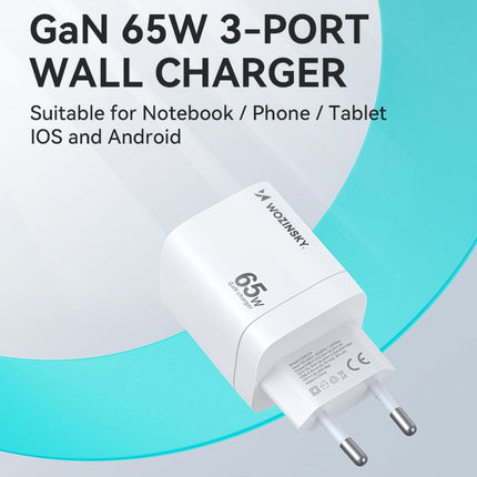 WOZINSKY 65W GaN Snellader – USB C PD Fast Charge – 2x USB C + USB A – Compacte Wandlader voor Telefoon Laptop Tablet – Wit - VCTparts.nl