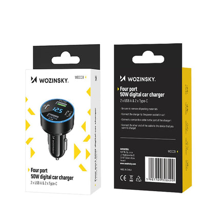 Wozinsky Auto Oplader 50W 2x USB - C 2x USB - A met Display en Snelladen 4 Poorten voor meerdere apparaten - VCTparts.nl